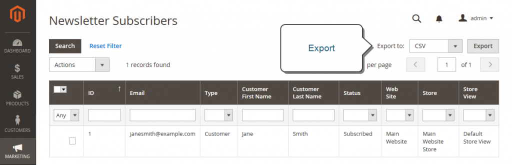 export newsletter subsribers manage subscribers in magento 2
