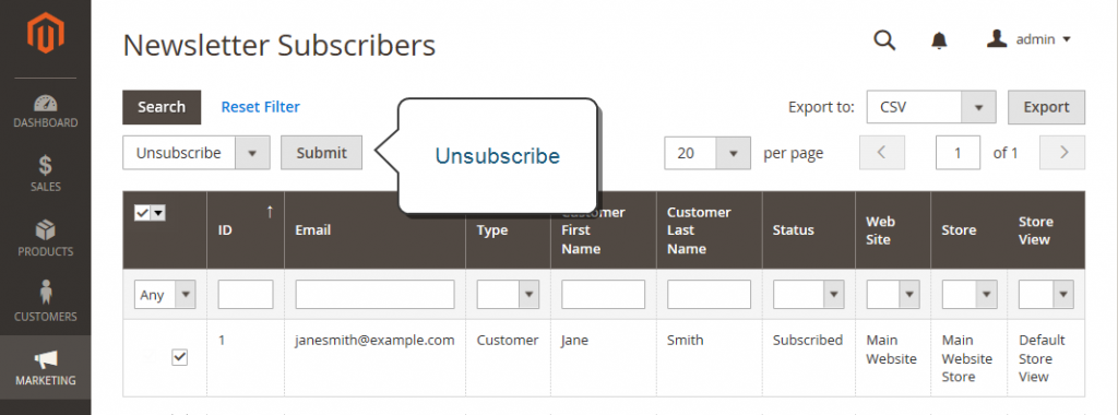 unsubcribe manage subscribers in magento 2
